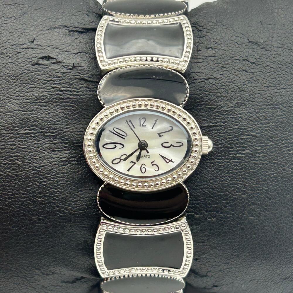 Black & Silver Mother Pearl Dial Cuff Bracelet Quartz Watch Working